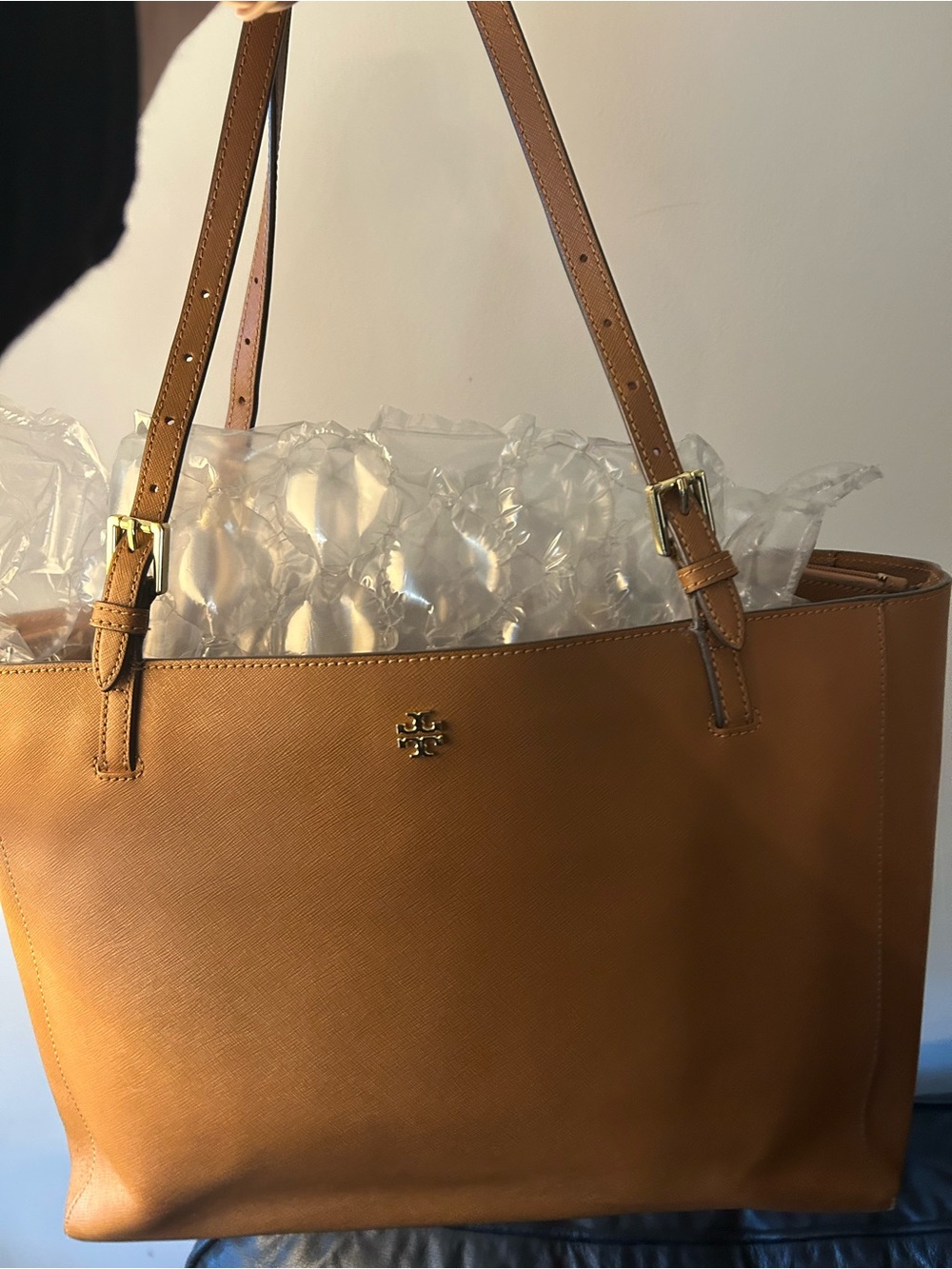 Tory Burch Cognac Leather Buckle Bag Tote with Gold Logo Large